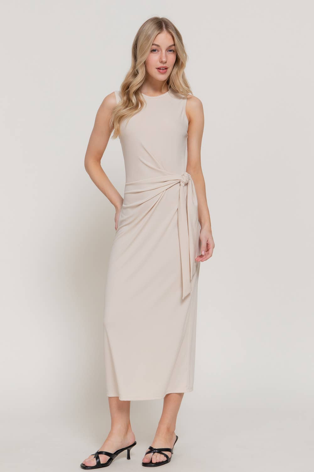 Active USA - Women's Sleeveless Round Neck Midi Dress with Waist Detail - D15175