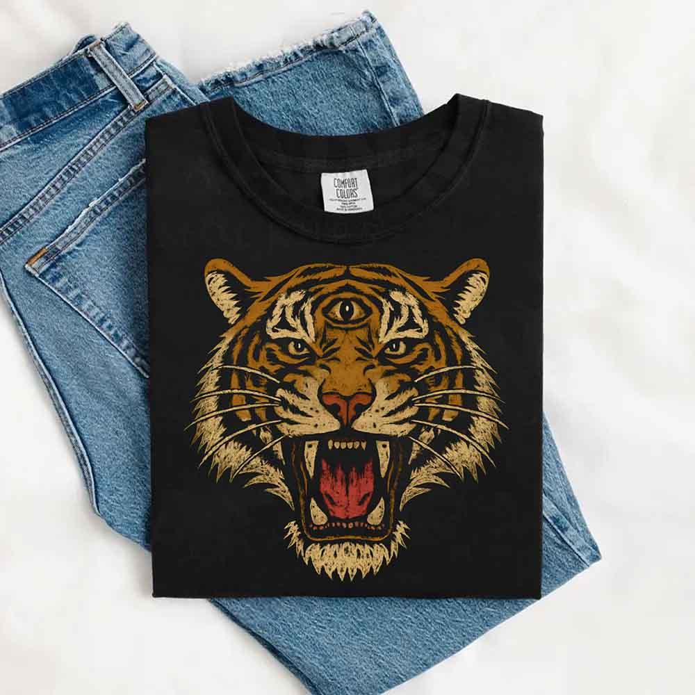 Vintage tiger jungle graphic on a Comfort Colors tee