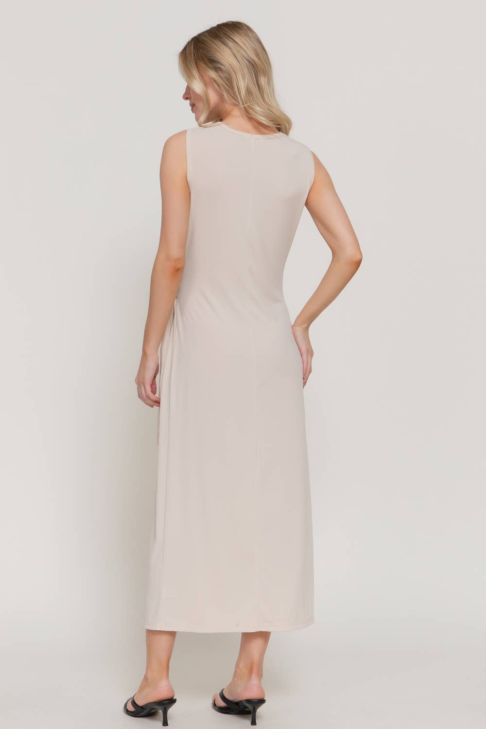 Active USA - Women's Sleeveless Round Neck Midi Dress with Waist Detail - D15175