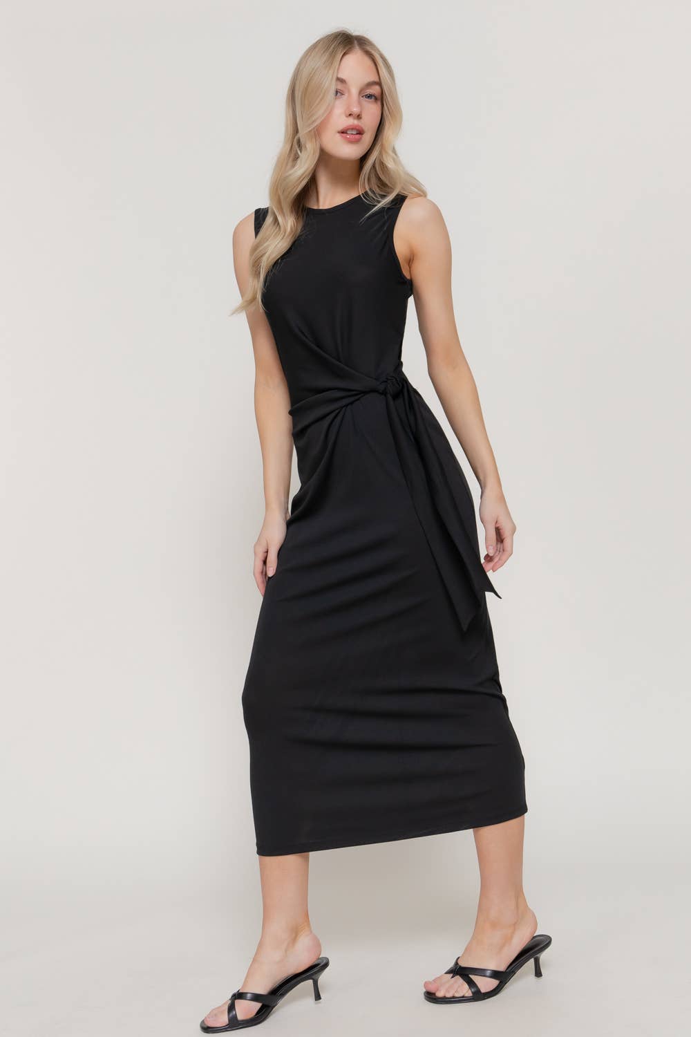 Active USA - Women's Sleeveless Round Neck Midi Dress with Waist Detail - D15175