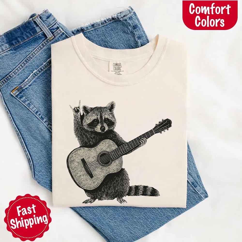 Raccoon Playing A Guitar, Funny Animals Comfort Colors T-Shirt