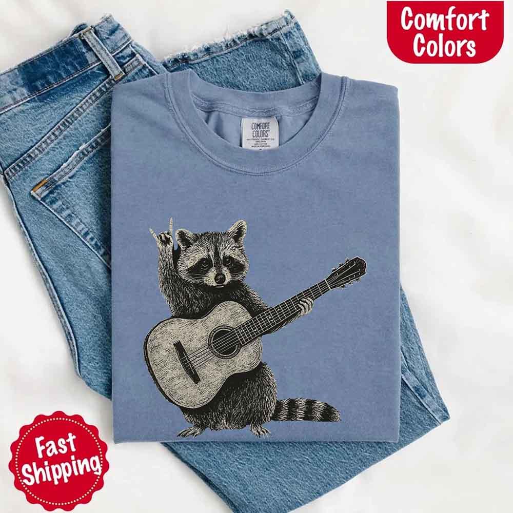 Raccoon Playing A Guitar, Funny Animals Comfort Colors T-Shirt
