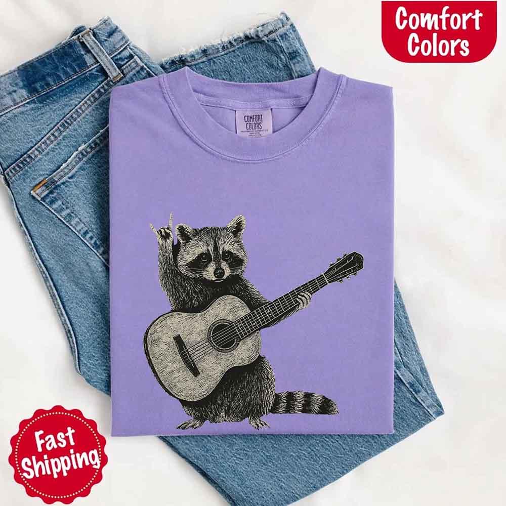 Raccoon Playing A Guitar, Funny Animals Comfort Colors T-Shirt