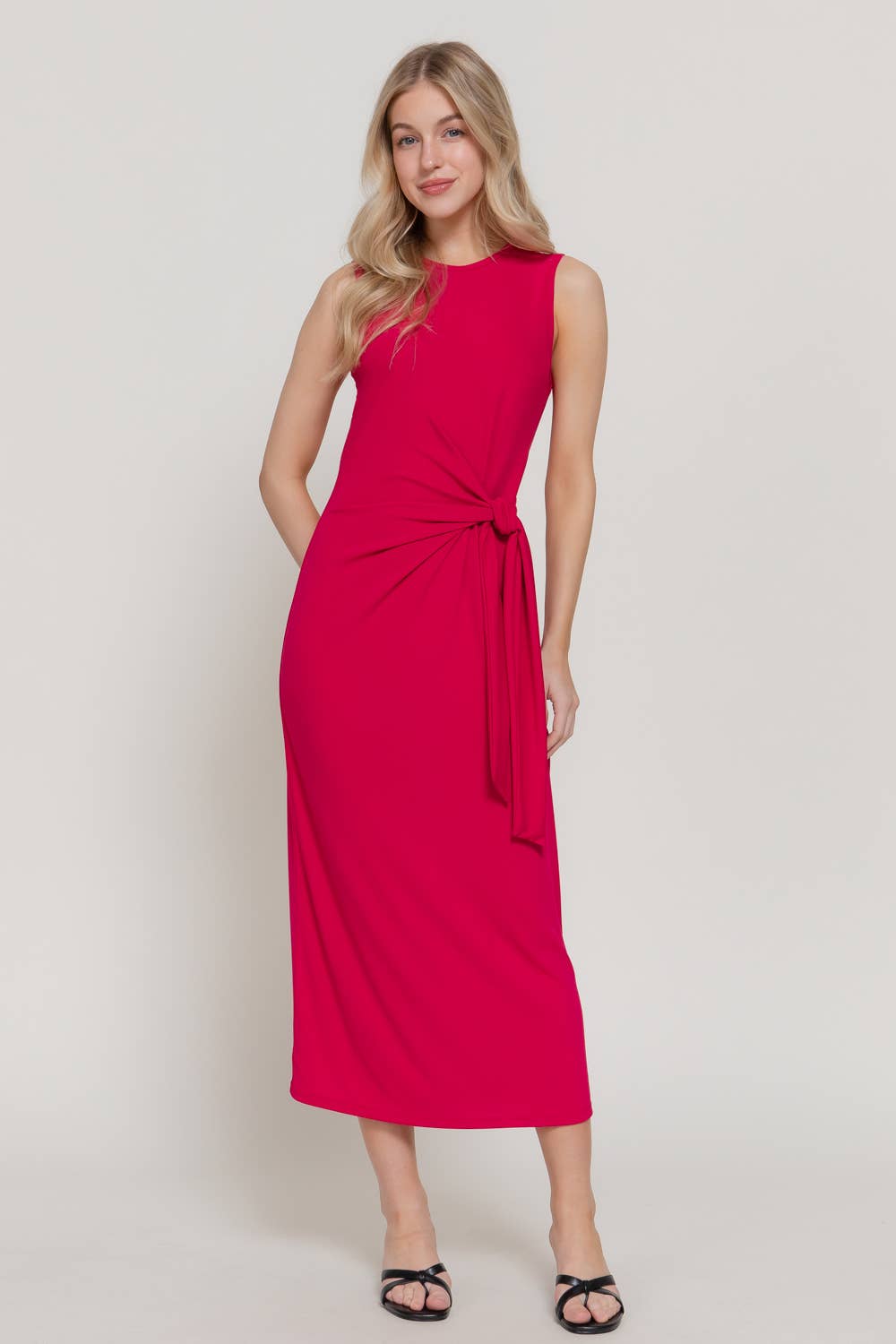 Active USA - Women's Sleeveless Round Neck Midi Dress with Waist Detail - D15175