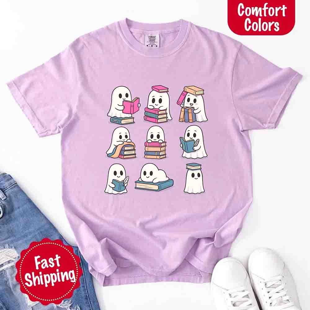 Ghost Reading Comfort Colors Shirt – Spooky Book Lover Halloween Tee