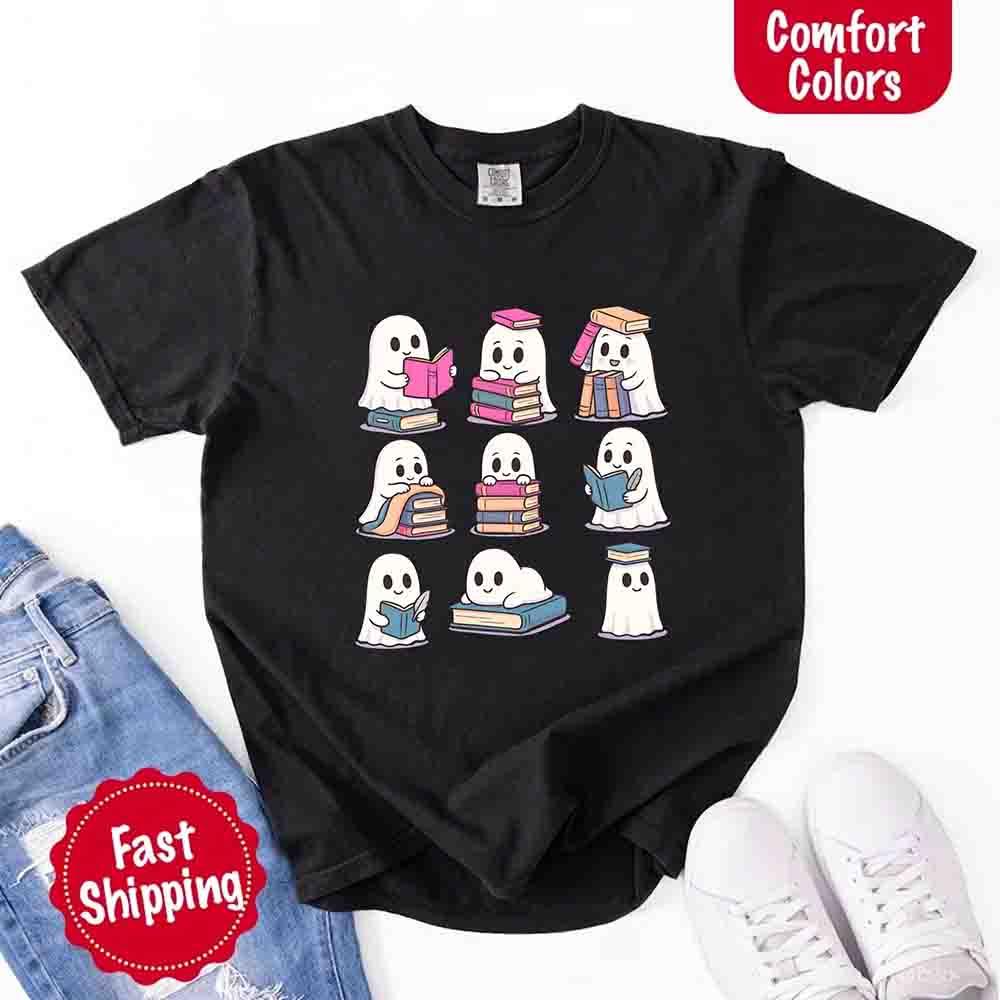 Ghost Reading Comfort Colors Shirt – Spooky Book Lover Halloween Tee