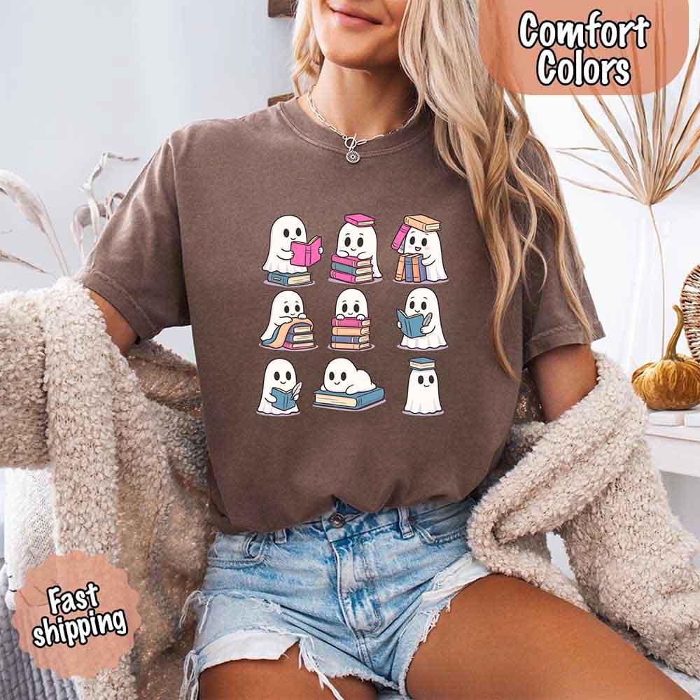 Ghost Reading Comfort Colors Shirt – Spooky Book Lover Halloween Tee