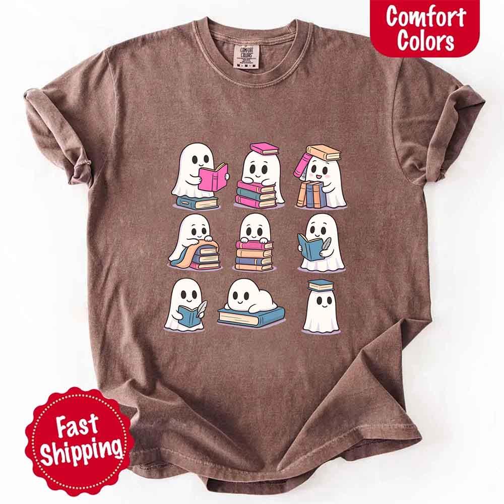 Ghost Reading Comfort Colors Shirt – Spooky Book Lover Halloween Tee