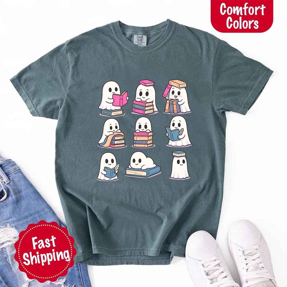 Ghost Reading Comfort Colors Shirt – Spooky Book Lover Halloween Tee