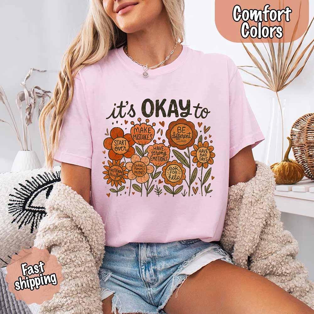 It’s Okay Boho Floral Comfort Colors Tee – Vintage Wildflower Shirt for Women