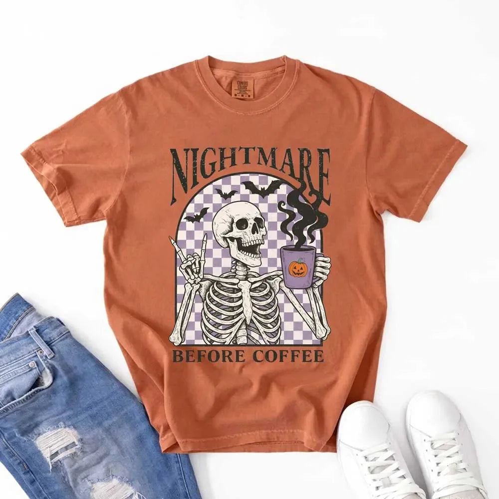 Nightmare Before Coffee Comfort Colors Shirt – Skeleton Funny Halloween Tee