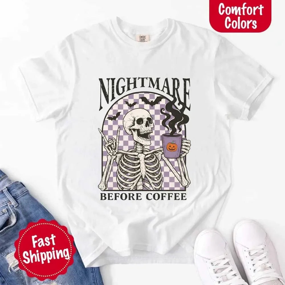 Nightmare Before Coffee Comfort Colors Shirt – Skeleton Funny Halloween Tee