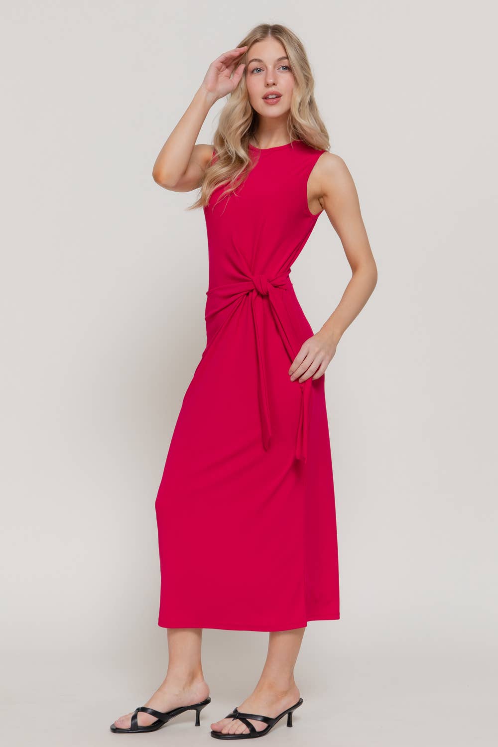 Active USA - Women's Sleeveless Round Neck Midi Dress with Waist Detail - D15175