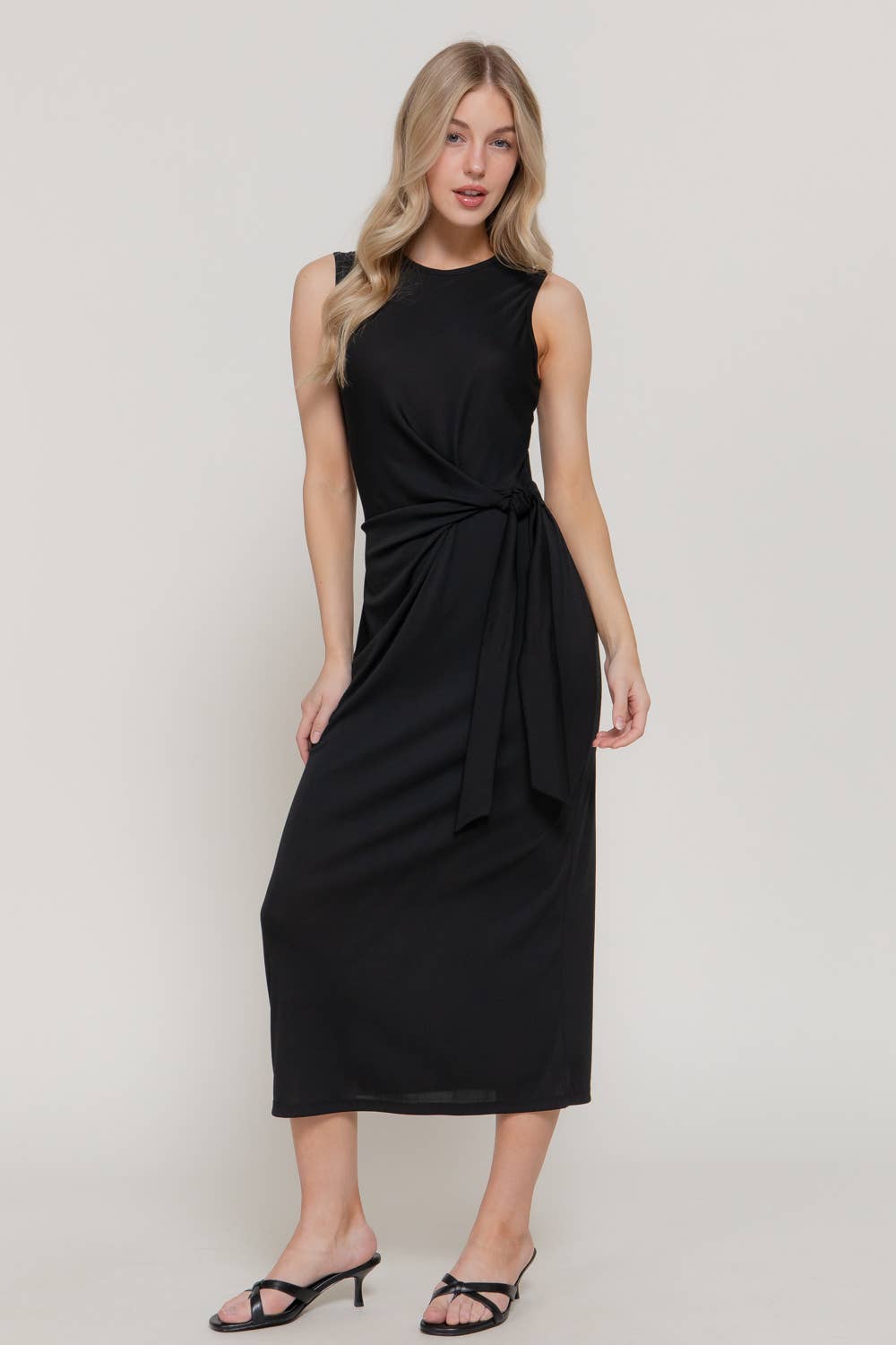 Active USA - Women's Sleeveless Round Neck Midi Dress with Waist Detail - D15175