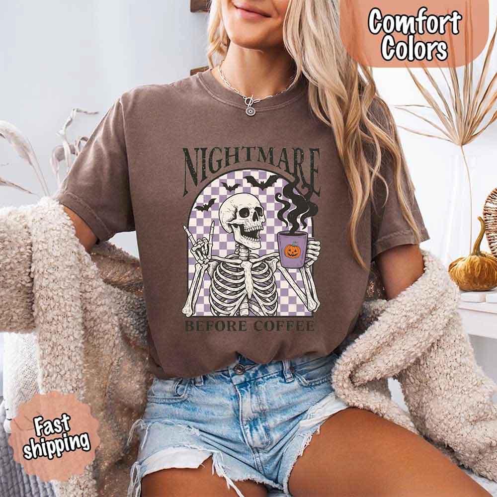 Nightmare Before Coffee skeleton Halloween graphic tee